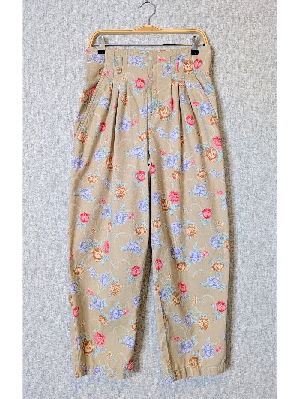 Vintage 90s cotton linen floral pleated high waist paperbag pants